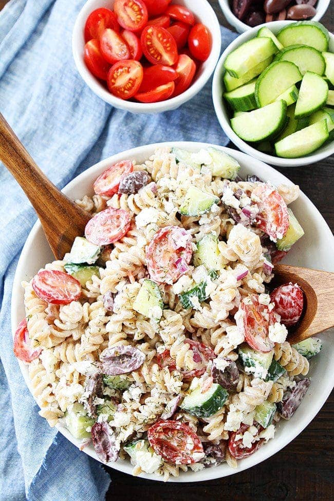 Tomatoes, cucumbers and olives ready for Greek Pasta Salad