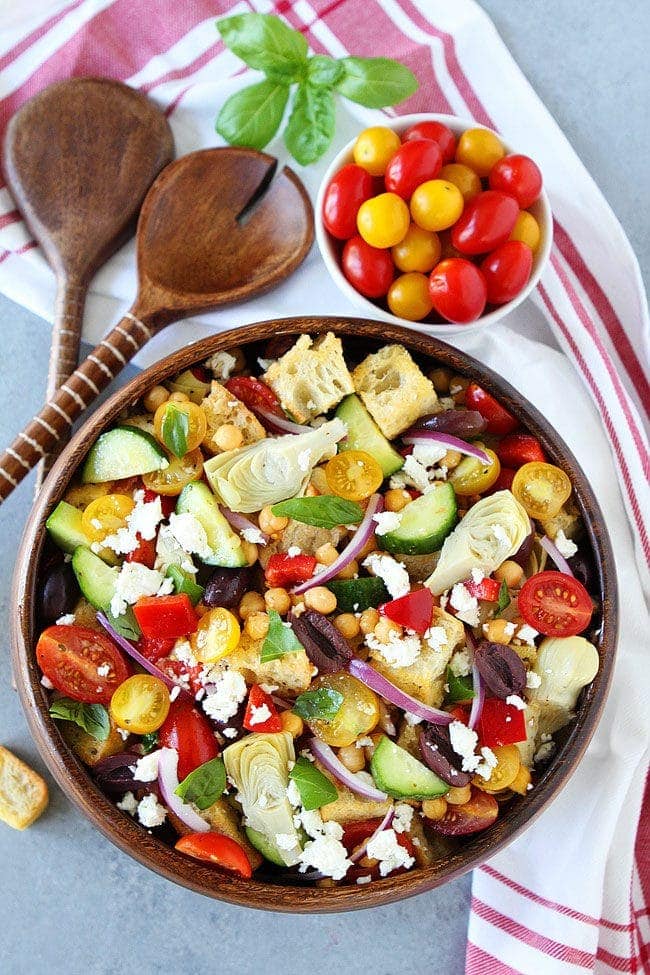 Greek Panzanella Salad Recipe made with cubes of crusty bread 