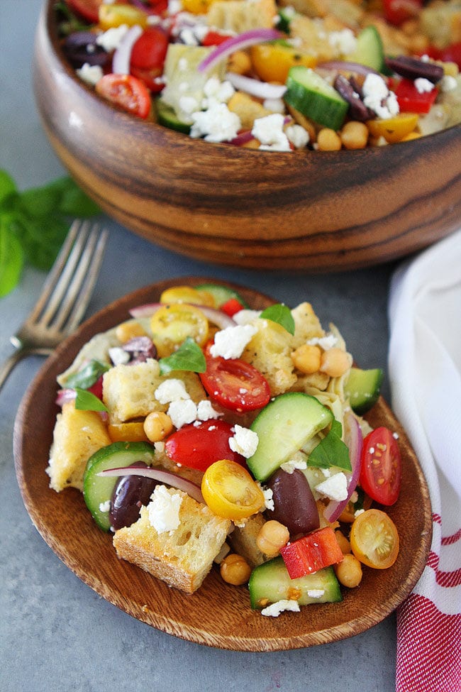 Greek Panzanella Salad made with cubes of crusty bread is a favorite summer salad