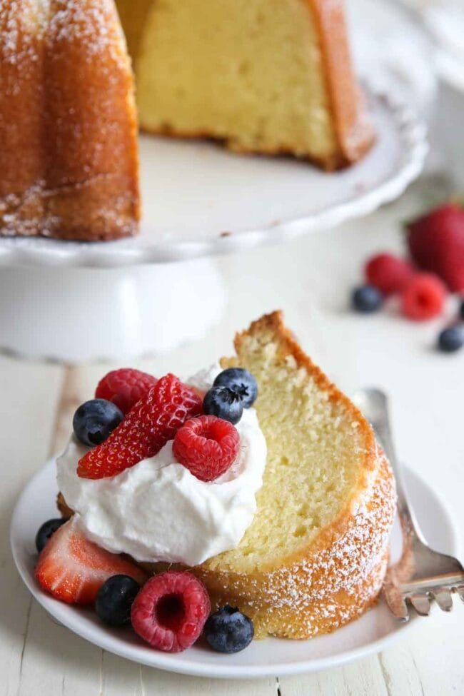 pound cake recipe made with cream cheese and served with berries