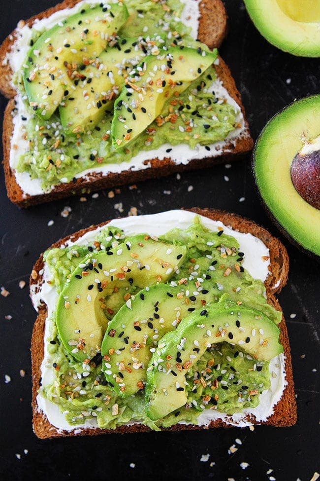 Everything Bagel Avocado Toast with cream cheese and everything but the bagel seasoning.