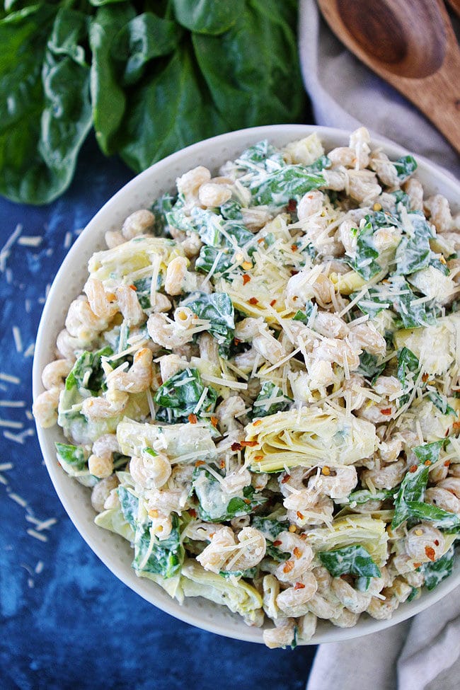 Easy Spinach Artichoke Pasta Salad Recipe is perfect for potlucks and parties! 