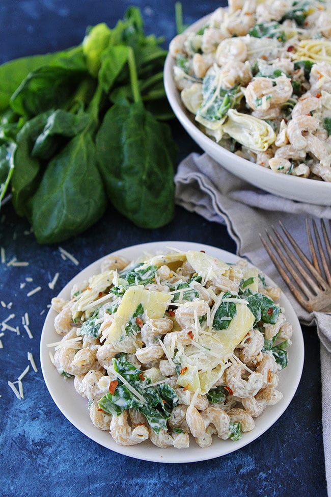 Spinach Artichoke Pasta Salad is an easy side dish for potlucks and parties