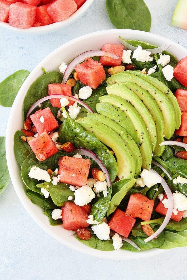 Watermelon Avocado Spinach Salad is the best summer salad! 