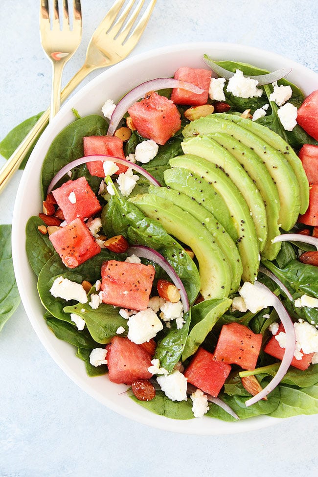 Watermelon Salad Recipe with avocado, feta, and poppy seed dressing