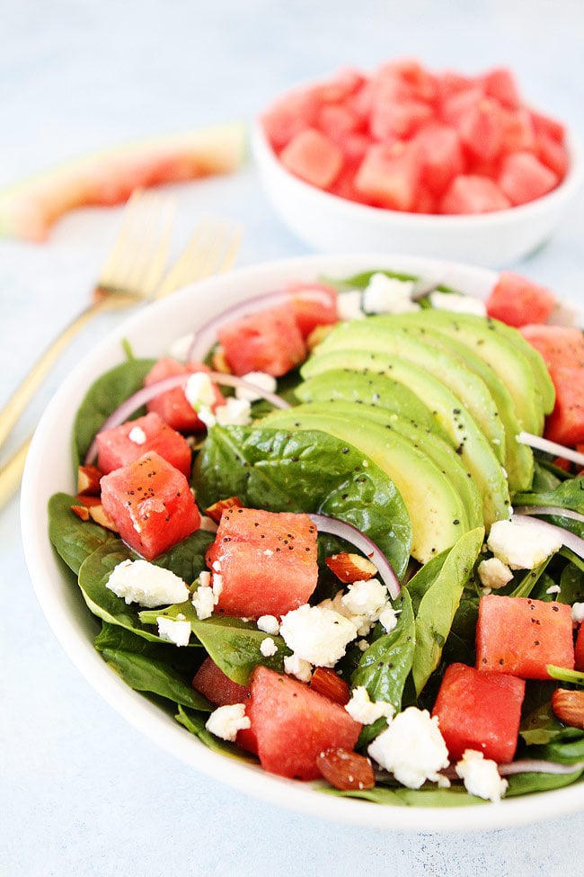 Watermelon Avocado Spinach Salad with Poppy Seed Dressing