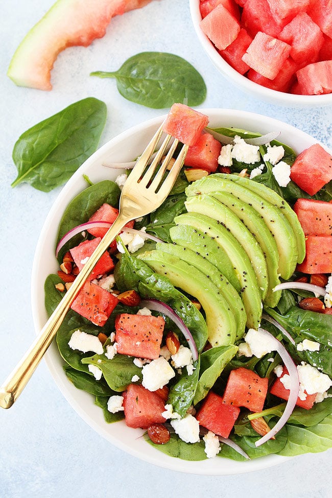 Watermelon Avocado Spinach Salad with Poppy Seed Dressing is an easy summer side dish