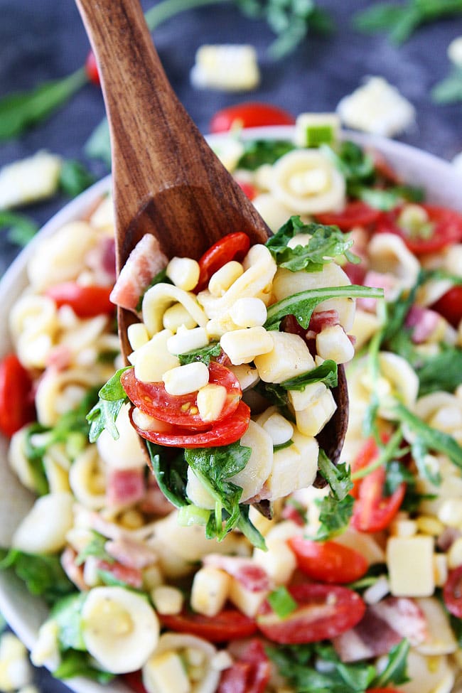 Bacon Corn Tomato Pasta Salad is a summer favorite! Everyone loves this easy pasta salad.