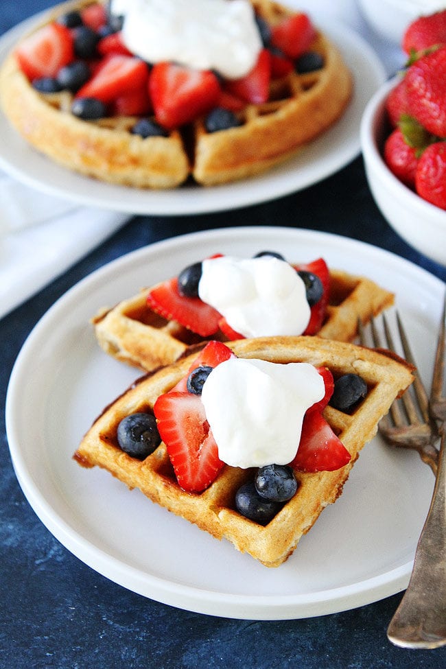 Belgian Waffles with strawberries and whipped cream 