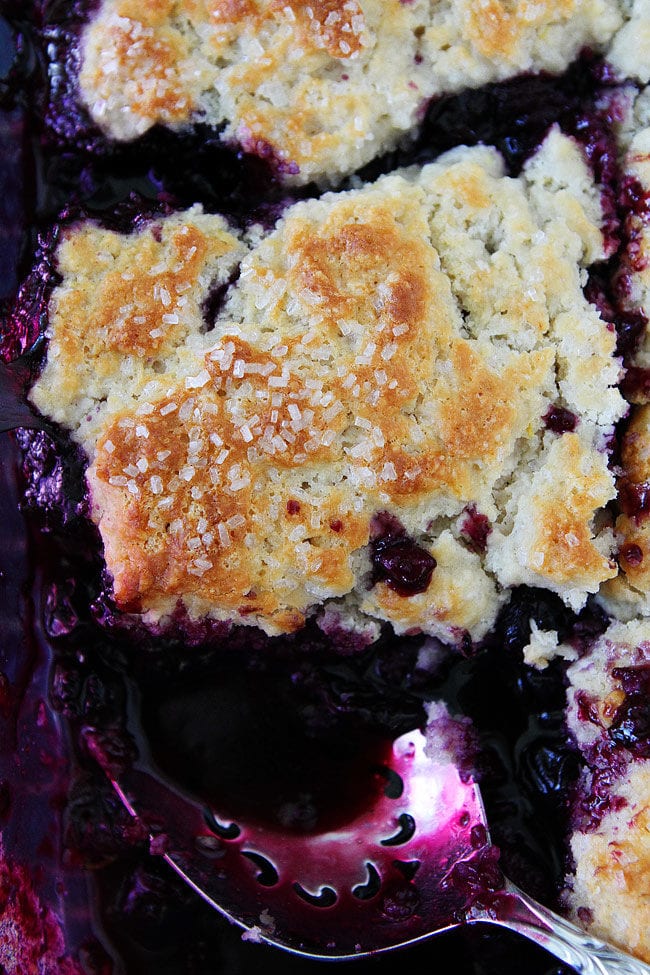 Blueberry cobbler with spoon.