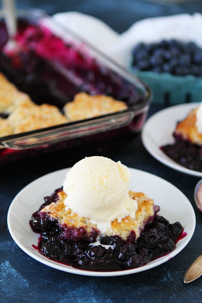 Easy Blueberry Cobbler in bowl with ice cream