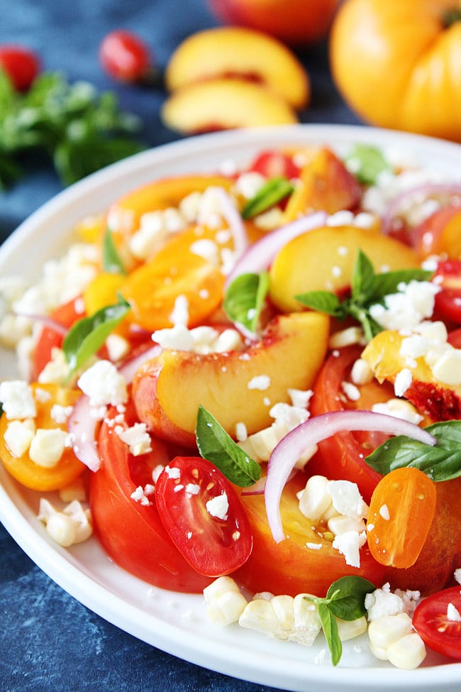 Tomato Peach Corn Salad is a quick and easy gluten-free and vegetarian summer salad.