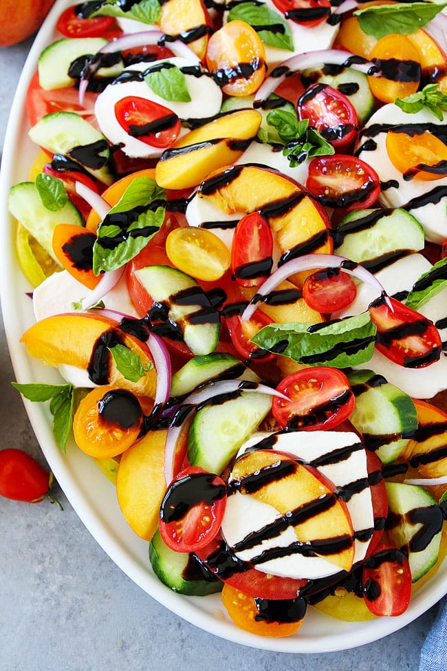 Colorful Caprese Salad on platter ready to serve