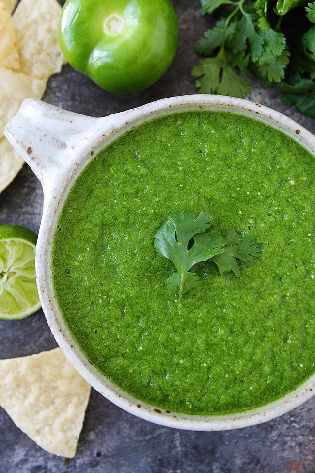 Tomatillo Salsa in bowl with cilantro