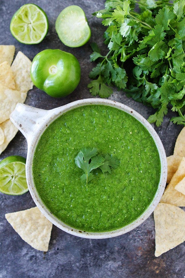 Fresh tomatillo Salsa in bowl 