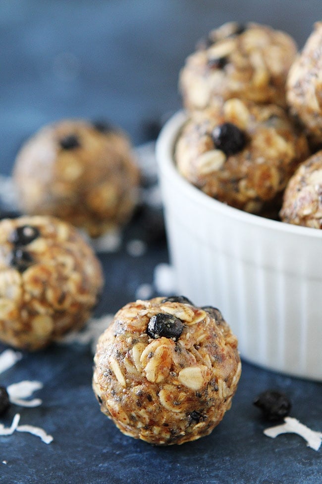 Blueberry Coconut Energy Bites are a great on the go snack! Everyone loves these healthy, protein packed energy balls!