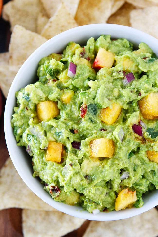 Chipotle Peach Guacamole-this fresh and simple guacamole is the perfect summer appetizer or snack.