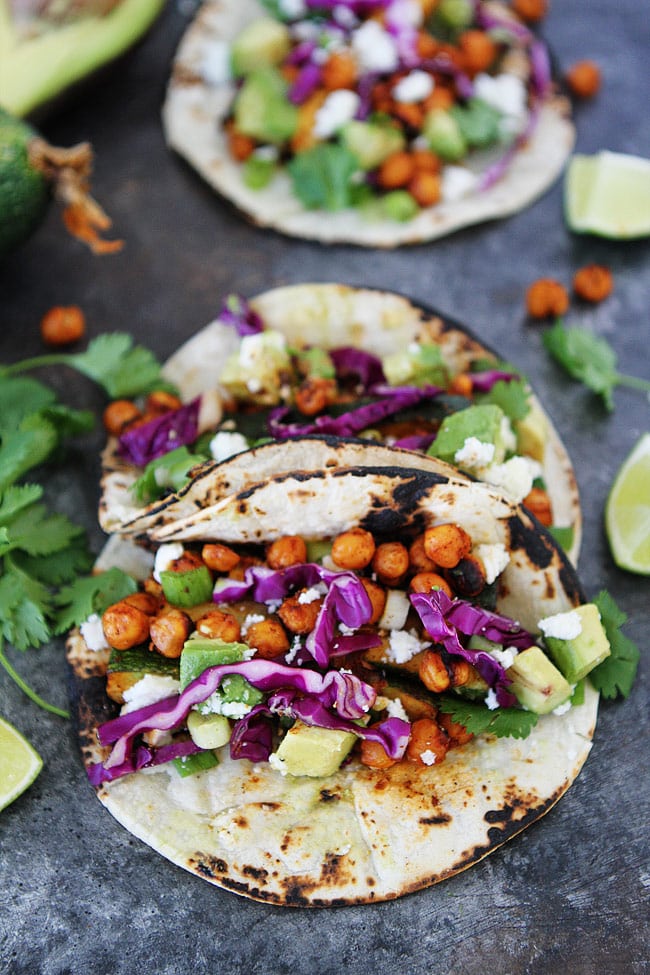 Grilled Zucchini Chickpea Tacos can be made in under 30 minutes. A great easy and healthy summer meal!