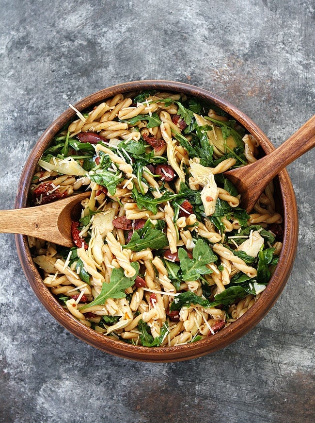 Pasta Salad with Sun-Dried Tomatoes, Artichokes, and Olives-this easy pasta salad is great for potlucks, picnics, or easy meals.