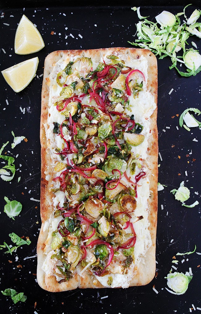 Brussels Sprouts Flatbread-this easy vegetarian pizza only takes 20 minutes to make. It is perfect for an easy weeknight dinner or served as a party appetizer. 