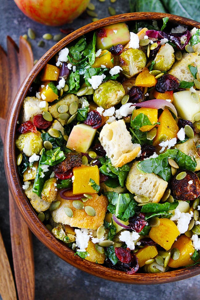 Fall Panzanella Salad-bread salad with butternut squash, brussels sprouts, apple, dried cranberries, pepitas, goat cheese, and kale. This easy fall salad is the perfect side dish for Thanksgiving! #Thanksgiving #salad