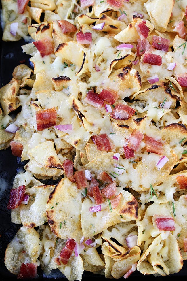 Kettle Chip Nachos with bacon and rosemary are the perfect holiday appetizer.