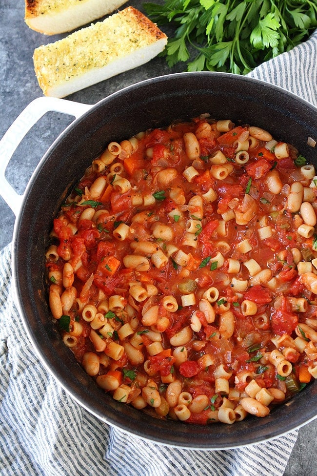 pasta fagioli in large white pot.