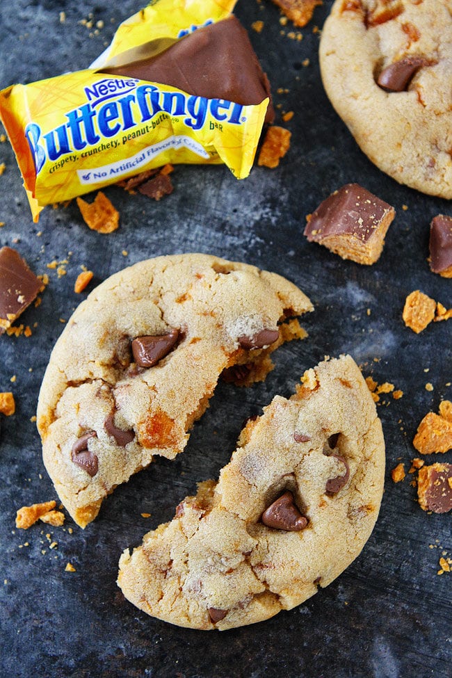 Soft Peanut Butter Cookies with Butterfinger candy bars and milk chocolate chips!