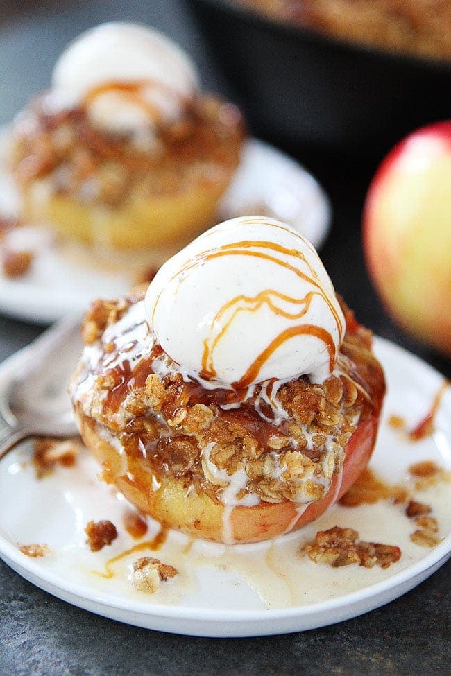 Cinnamon Streusel Baked Apples topped with vanilla ice cream and salted caramel sauce are the perfect fall dessert!