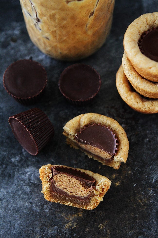 Peanut Butter Cup Cookies-peanut butter cookies made in mini muffin tins with a peanut butter cup in the center. Everyone loves these cookies! 