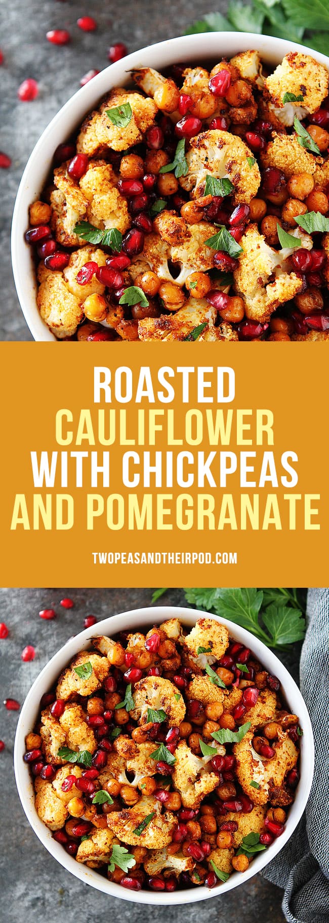 Roasted Cauliflower with Chickpeasand Pomegranate is a delicious and healthy side dish that goes great with any meal! #vegan #glutenfree #cauliflower #chickpeas