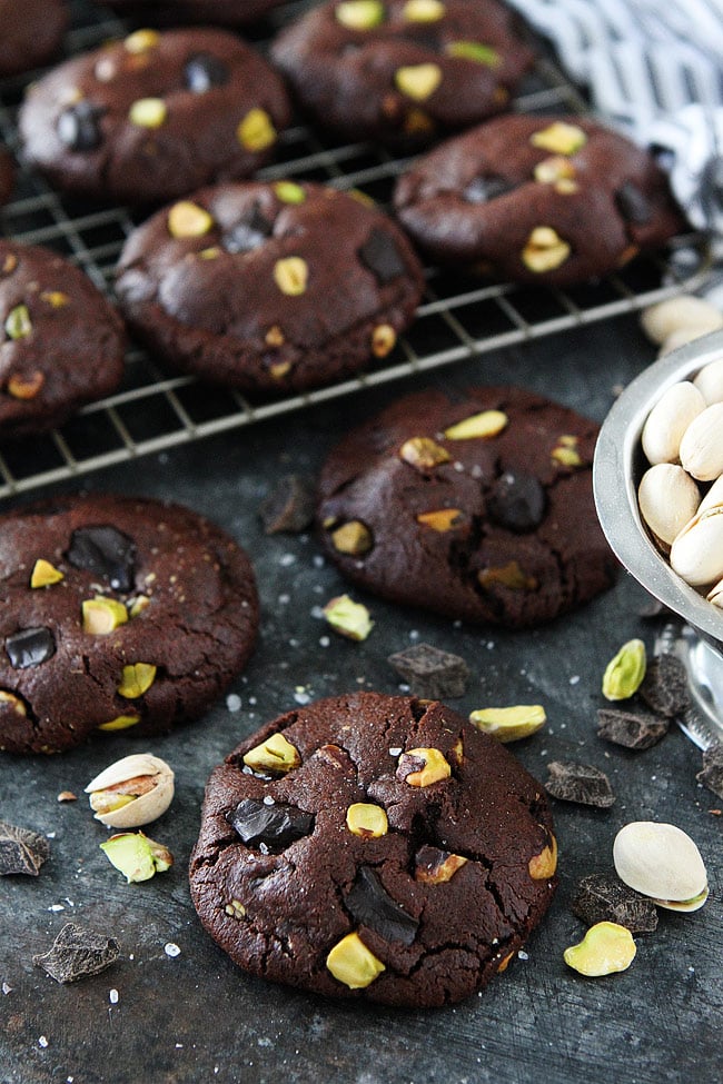Chocolate Pistachio Cookies-chocolate cookies with chocolate chunks, pistachios, and a sprinkling of sea salt. These cookies are a great Christmas cookie or any day cookie! #cookies #pistachios #chocolate #Christmas #Christmascookies
