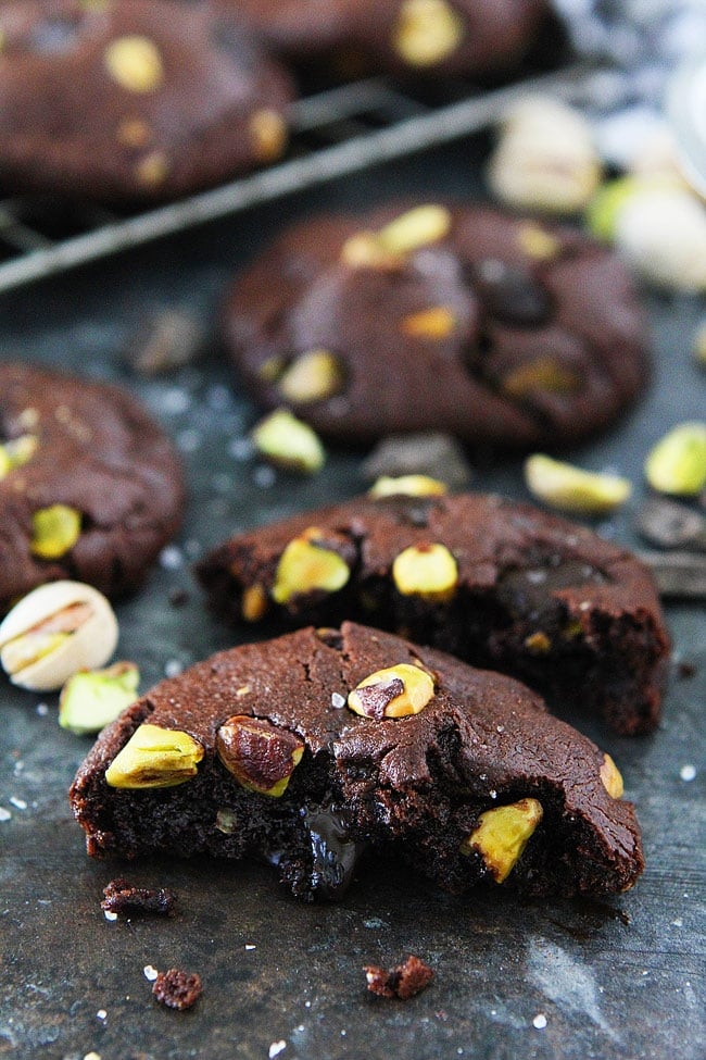 Chocolate Pistachio Cookies with chocolate chunks, pistachios, and sea salt. These cookies are a family favorite! #cookies #chocolate #pistachio