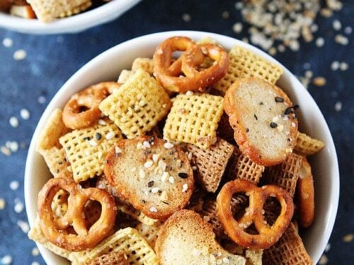 Everything bagel seasoned Chex mix with sesame and poppy seeds