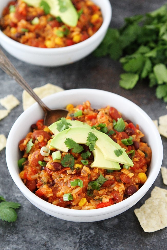 Mexican Rice Casserole made in the Instant Pot is a family favorite easy weeknight dinner. #easyrecipe #dinner #vegetarian #InstantPot #pressurecooker #meatlessmeal 