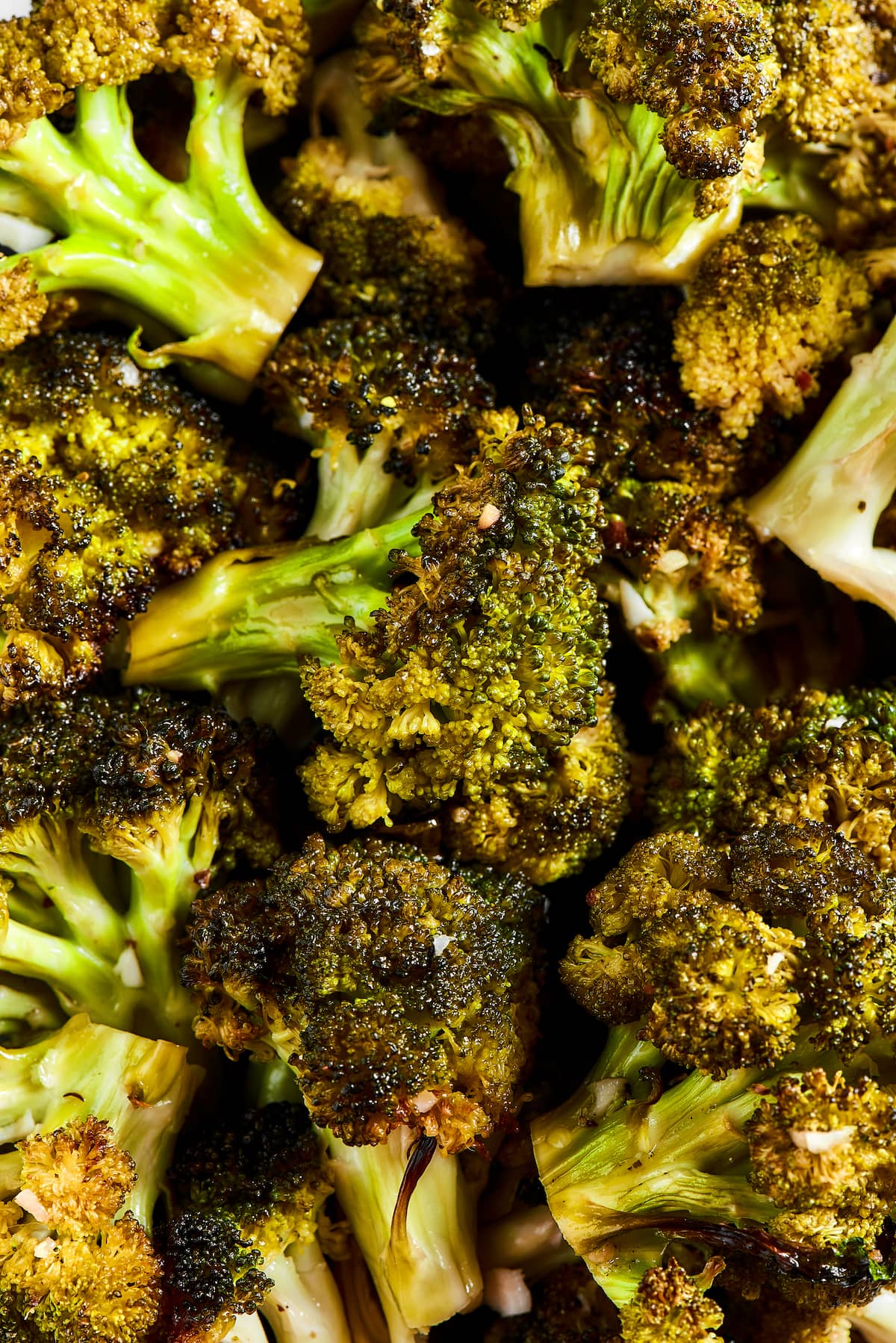 Close up of perfectly roasted broccoli.