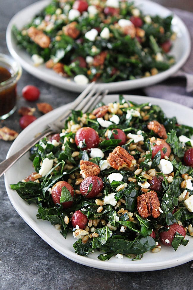 Roasted Grape and Farro Kale Salad with candied pecans, feta cheese, and a simple balsamic dressing is a great salad for lunch or dinner. The flavors are amazing! #salad #kale #kalesalad #vegetarian #farro #grapes