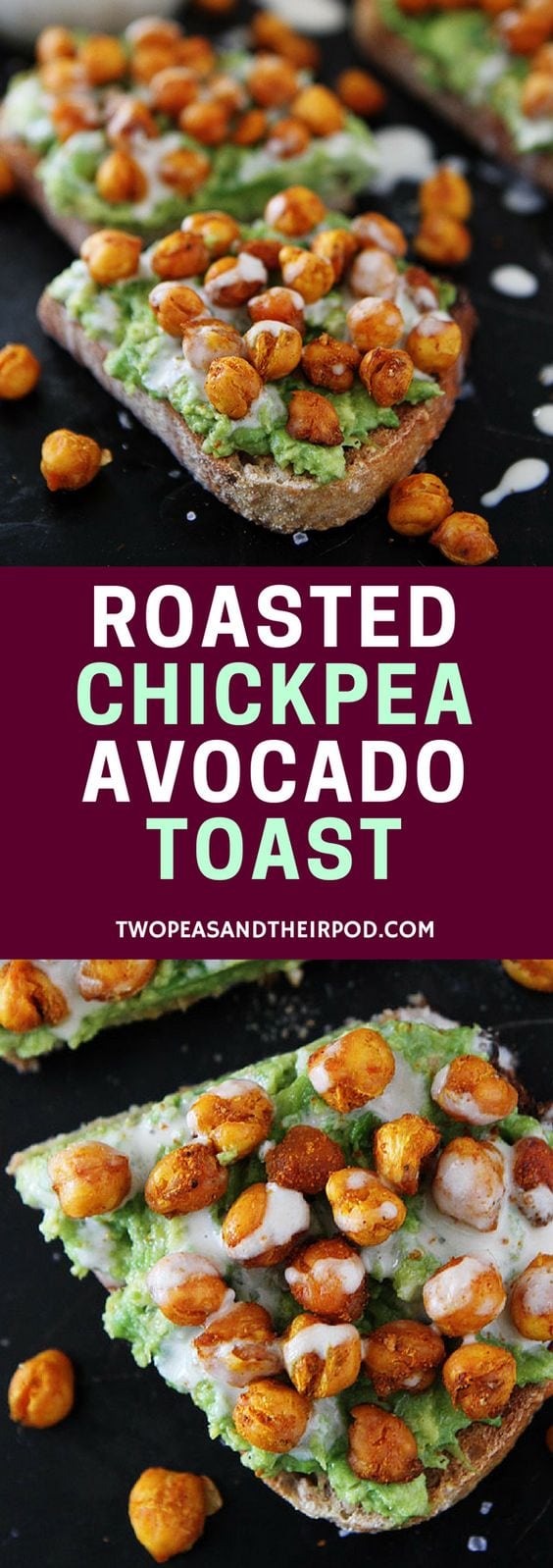 Roasted Chickpea Avocado Toast with lemon tahini dressing is a great healthy breakfast, lunch, or snack! #vegan #glutenfree #vegetarian #healthyrecipe #easyrecipes #avocadotoast #chickpeas #avocado 