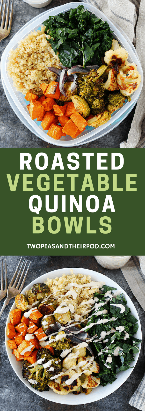 Roasted Vegetable Quinoa Bowls make a great healthy lunch or dinner. You can meal prep and eat all week! #mealprep #vegan #glutenfree #vegetarian #quinoa #easyrecipes
