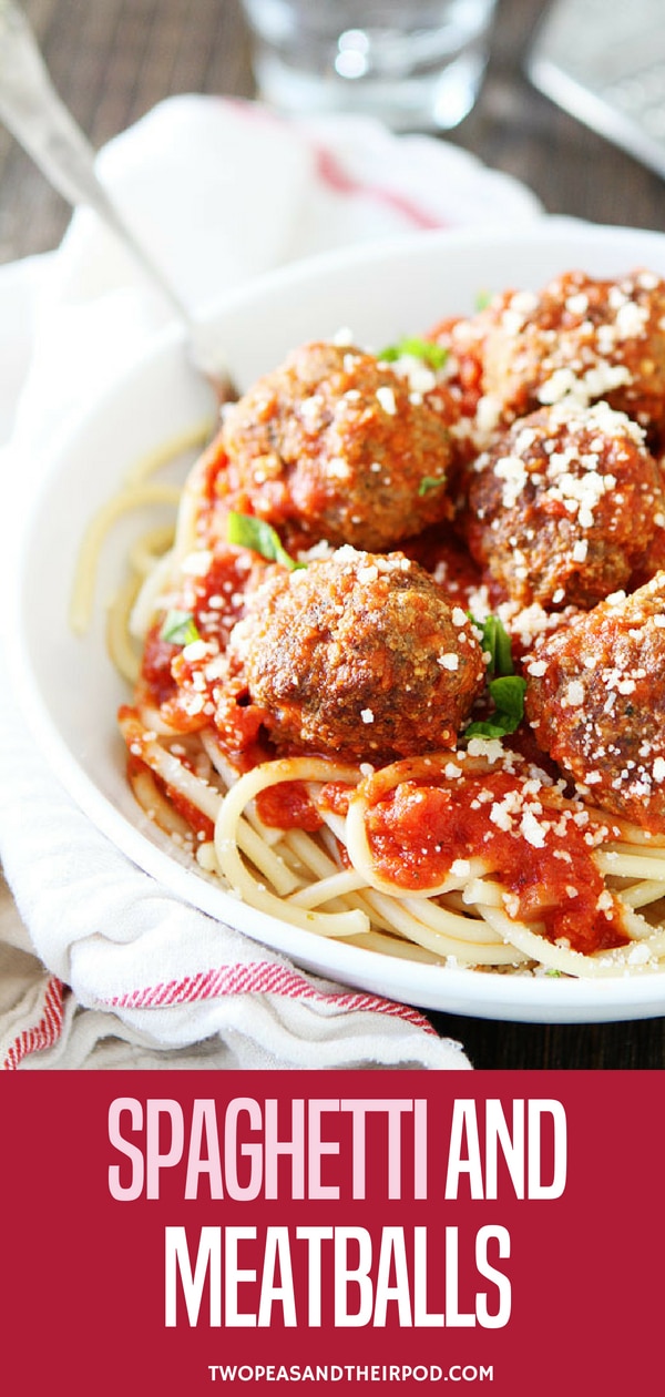 Easy homemade meatballs served over a bed of spaghetti with hearty marinara sauce. This recipe is a family favorite! Visit twopeasandtheirpod.com for more simple, fresh, and family friendly meals. #spaghetti #pasta #easyrecipe #homemade