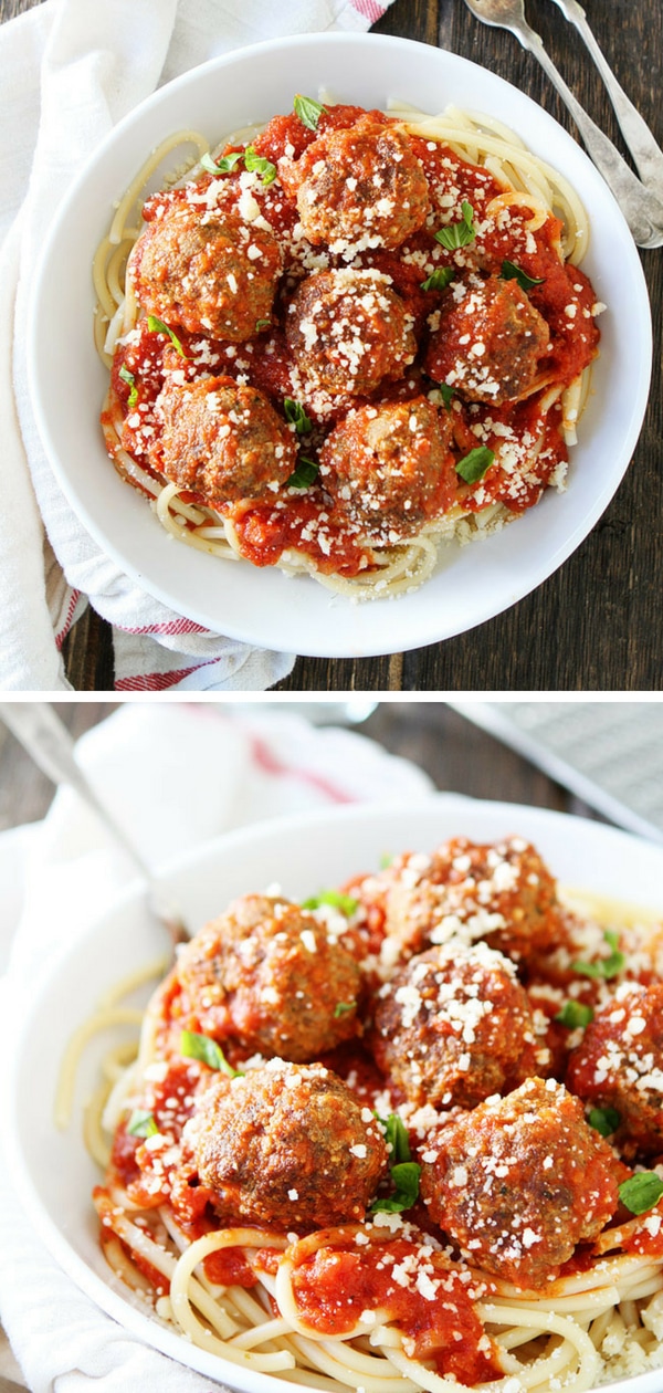 Make Spaghetti and Meatballs for dinner! Meatballs are made with ground beef, Italian sausage, garlic, bread crumbs, Parmesan cheese, parsley, oregano, basil, salt, and pepper. It is a fun meal from start to finish and a great meal to involve the kiddos! Visit twopeasandtheirpod.com for more simple, fresh, and family friendly meals. #spaghetti #pasta #easyrecipe #homemade