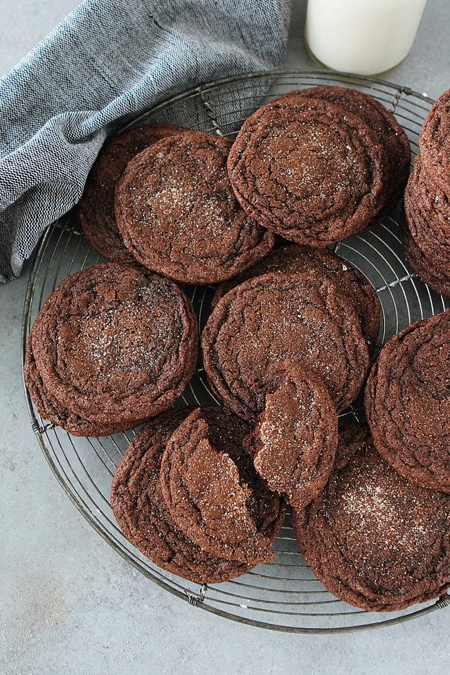 Chocolate Snickerdoodle Cookies on cooling rack