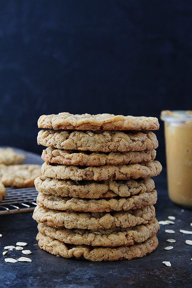 Peanut Butter Oatmeal Cookies are soft, chewy, and loaded with peanut butter flavor! These cookies are a family favorite! #cookies #peanutbutter #baking #oatmeal #butter #dessert #cookierecipe Peanut Butter Oatmeal Cookies stack