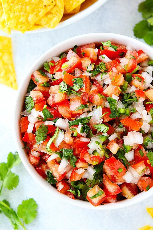 pico de gallo in white bowl. 