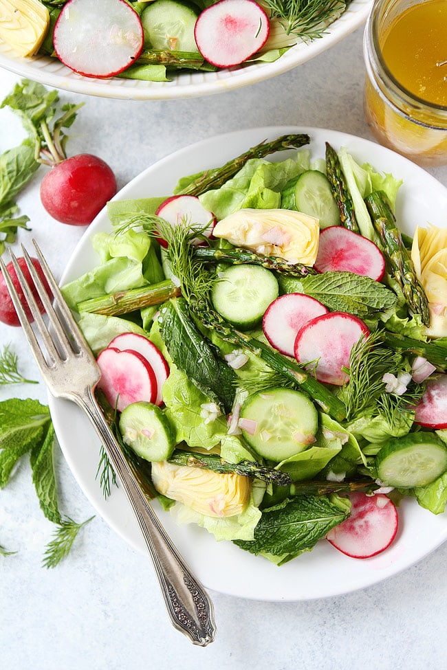 This healthy spring salad is simple to make and goes great with any meal! #spring #vegan #vegetarian #healthyrecipe #healthyeating #glutenfree #sidedish Healthy Spring Salad
