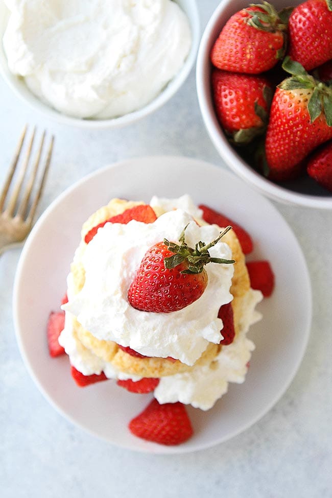 top down shot of strawberry shortcake with strawberry on top. 