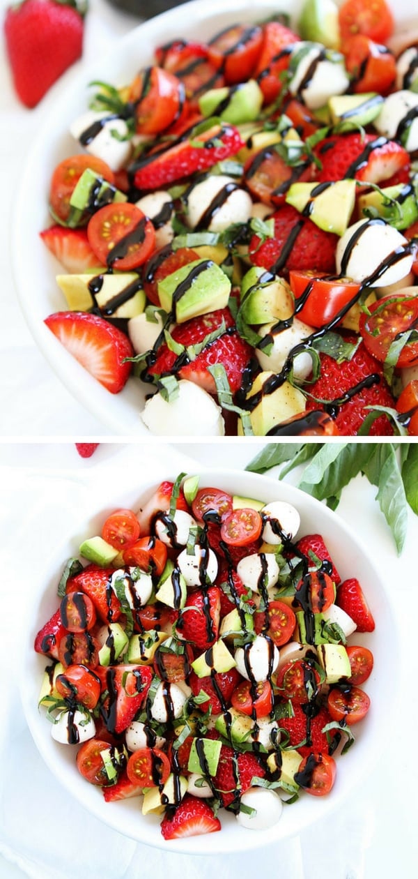 Avocado Strawberry Caprese Salad Recipe on twopeasandtheirpod.com The BEST caprese salad! The avocado and strawberries take this salad to a whole new level! If you're looking for healthy lunches, this is perfect for you! 