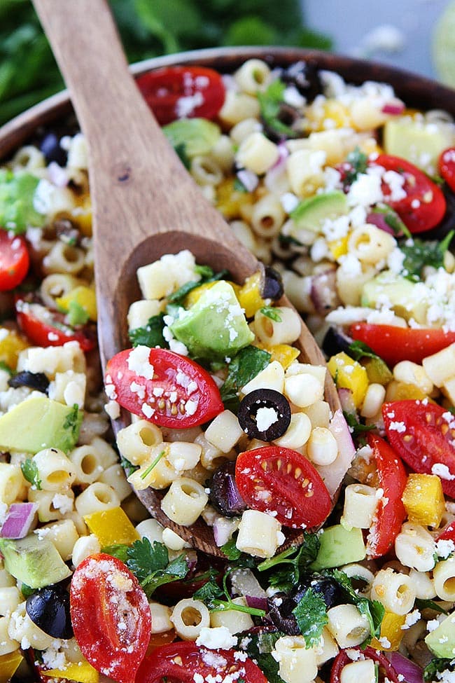 Southwest Pasta Salad on wooden spoon. 