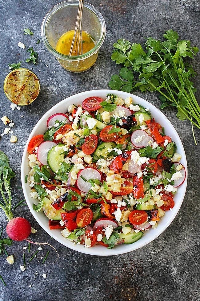 Grilled Summer Salad in bowl with charred lime vinaigrette 