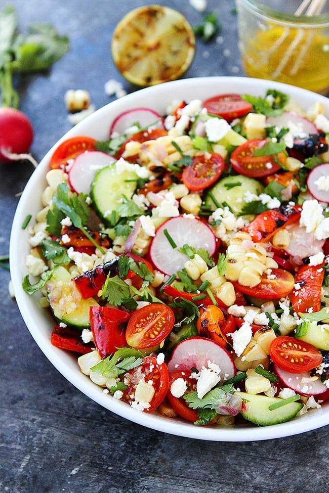 Easy Grilled Summer Vegetable Salad in bowl with lime vinaigrette 